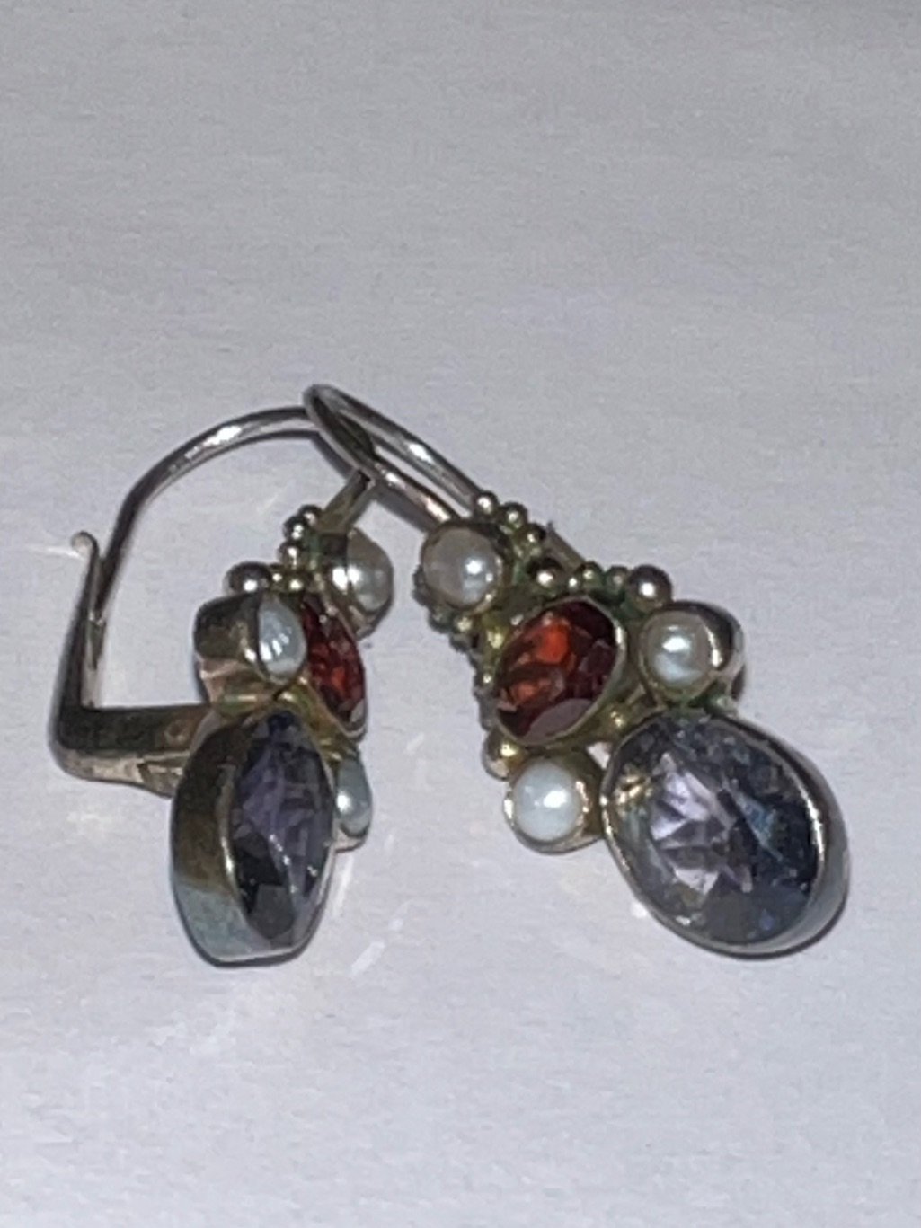 Sterling Silver Drop Earrings With Lavender And Garnet Stones And Pearls